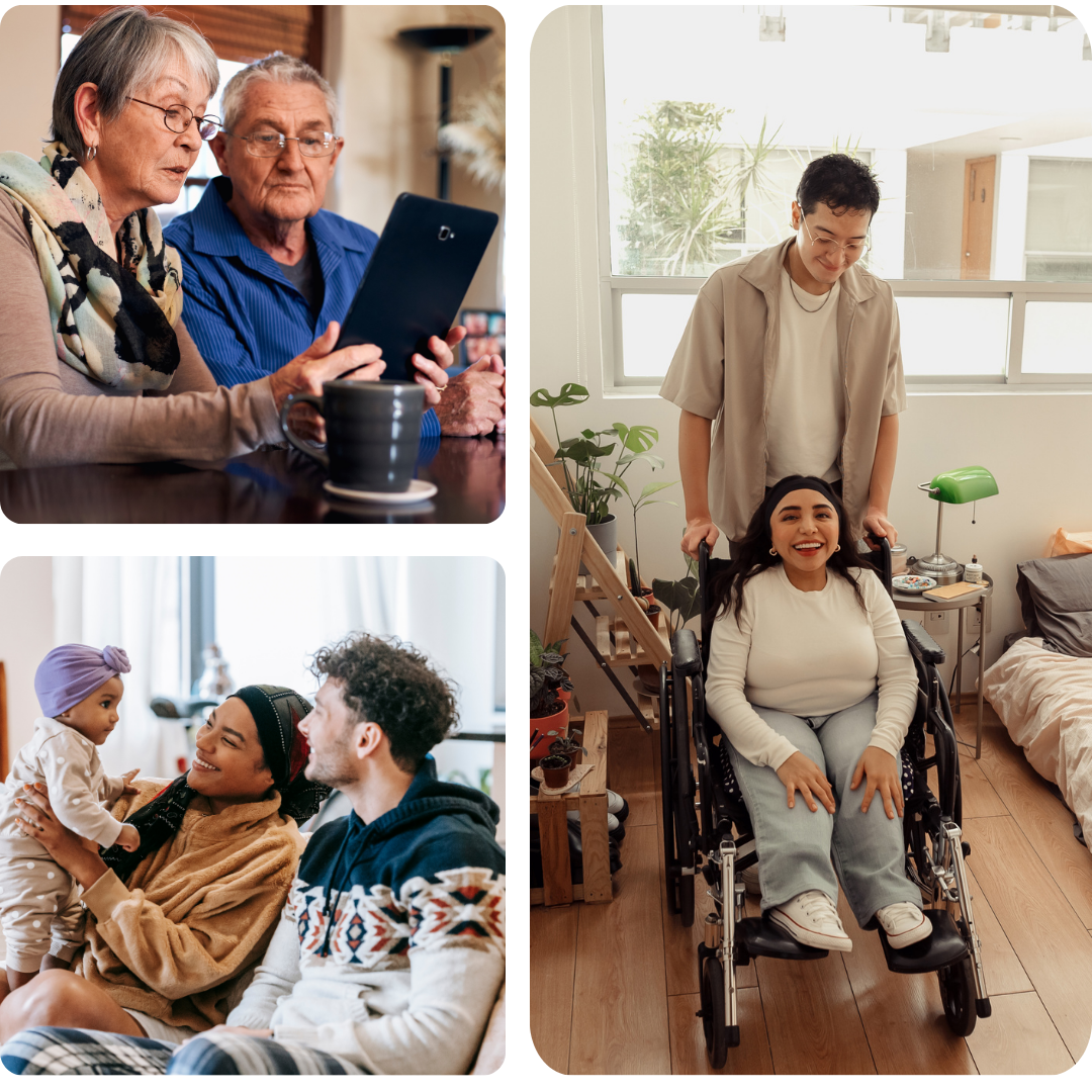 diverse family, older couple looking at tablet, girl in wheelchair