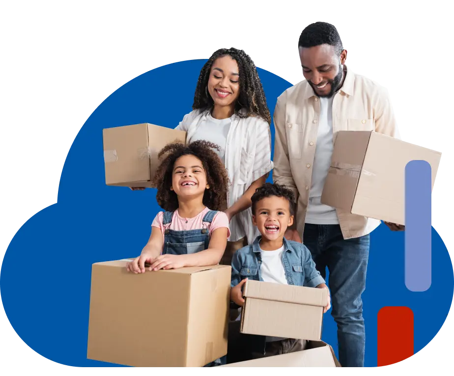 Family holding cardboard boxes