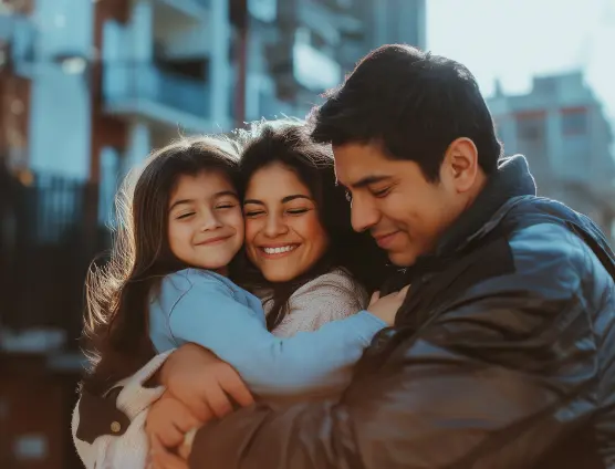 Family of three hugging and smiling