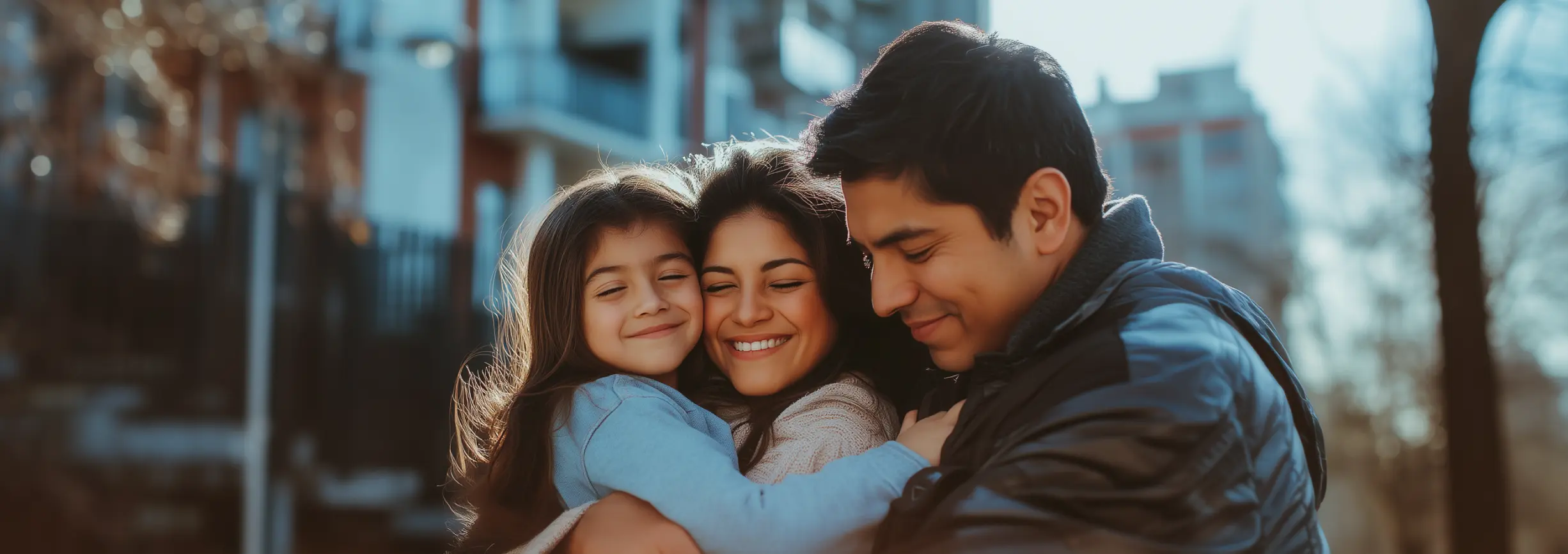 family of three hugging